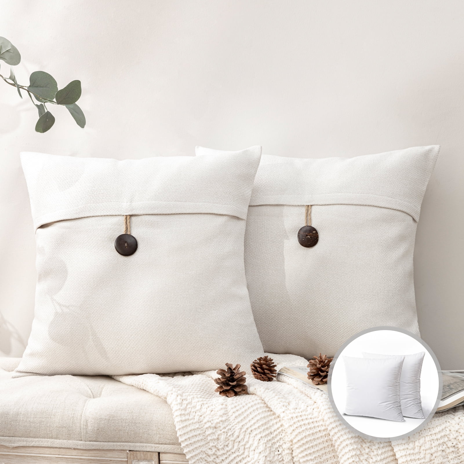 Phantoscope Single Button Cotton Blend Series Decorative Throw Pillow, 20” x 20”, Off-White, 2 Pack