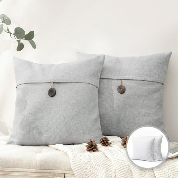 Phantoscope Single Button Series Cotton Blend Decorative Throw Pillow, 22" x 22", Light Grey, 2 Pack