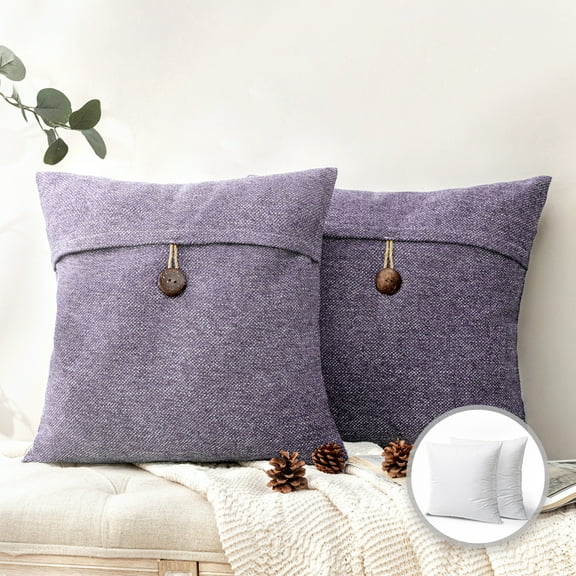 Phantoscope Single Button Series Cotton Blend Farmhouse Square Decorative Throw Pillow Cusion for Couch, 18" x 18", Light Purple, 2 Pack