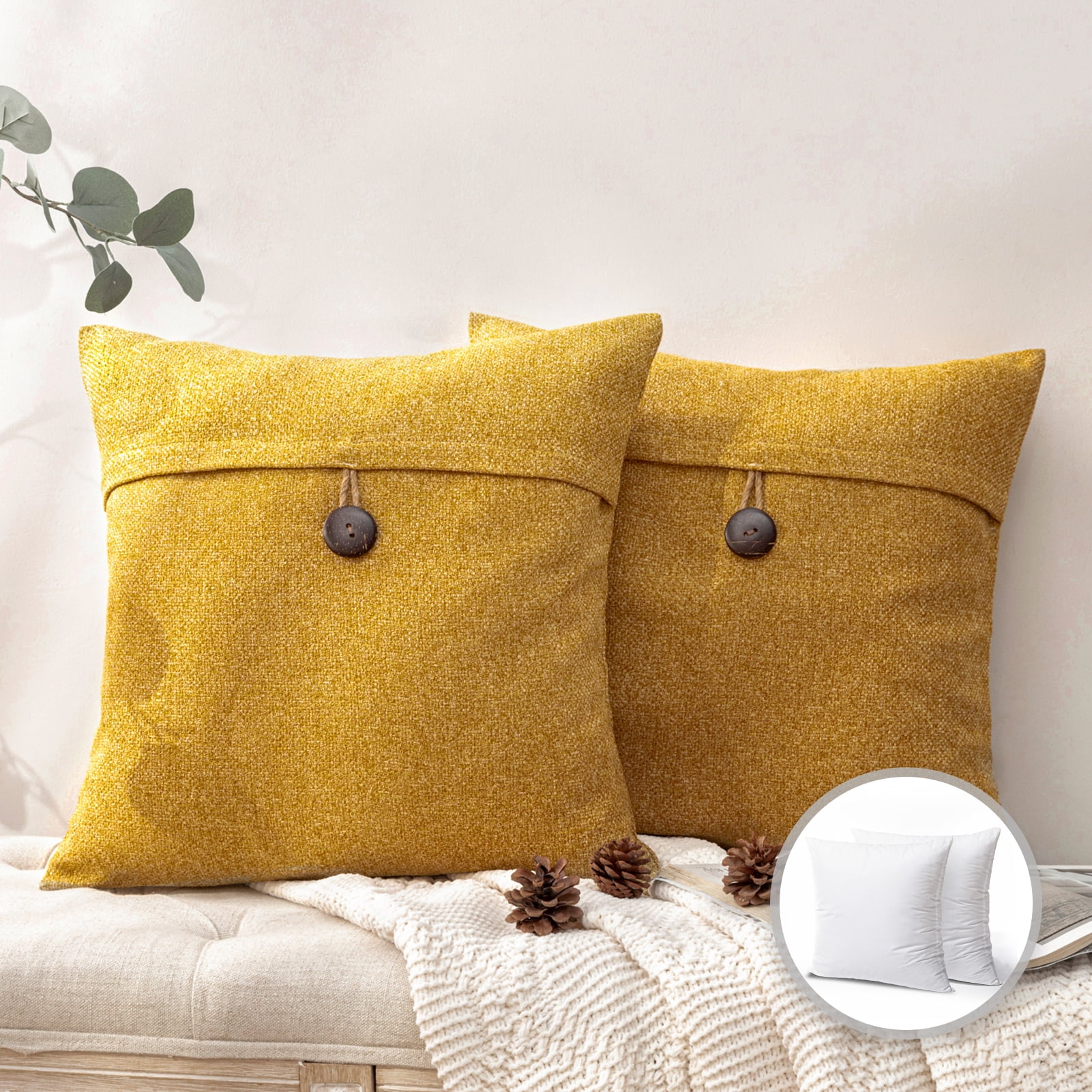 Single Button Series Farmhouse Rectangle Decorative Polyester Throw Pillow Cusion for Couch, 12 inch x 20 inch, Yellow, 2 Pack