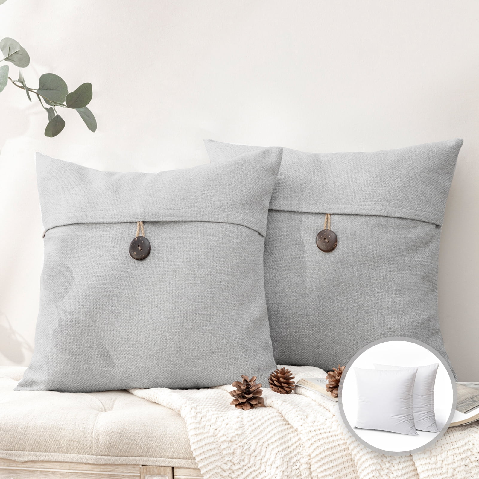 Phantoscope Single Button Series Cotton Blend Farmhouse Square Decorative Throw Pillow Cusion for Couch, 20" x 20", Light Gray, 2 Pack