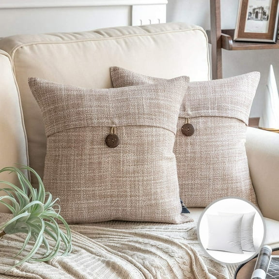 Phantoscope Single Button Series Farmhouse Linen Square Decorative Throw Pillow Cusion for Couch, 18" x 18", Beige, 2 Pack
