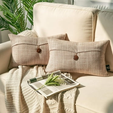 Phantoscope Single Button Series Linen Farmhouse Square Decorative Throw Pillow Cover Cusion for Couch, 12" x 20", Beige, 2 Pack