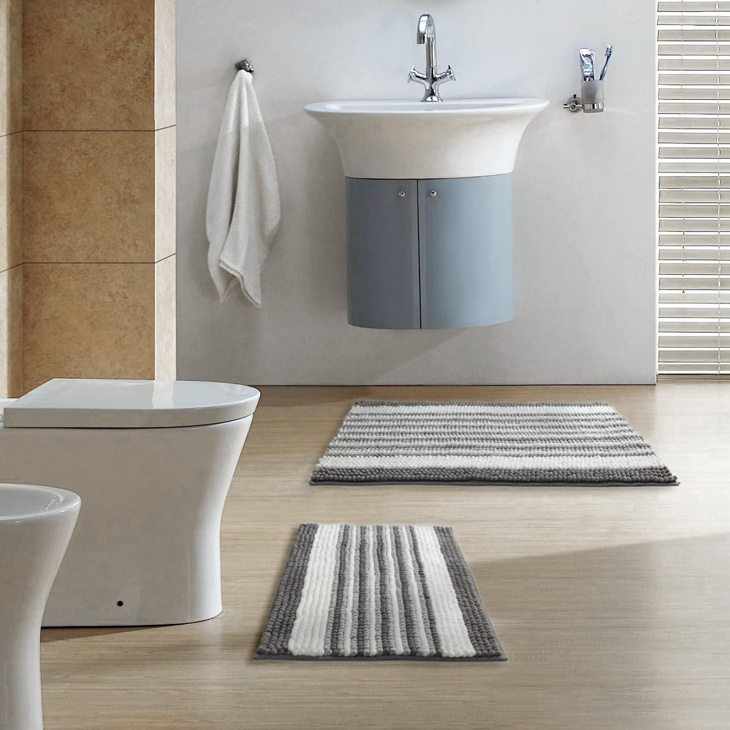 Phantoscope Soft Chenille Bathroom Rugs, 17 x 20 in and 20 x 30 in, Quick Dry, Non-Slip Backing, Light Gray