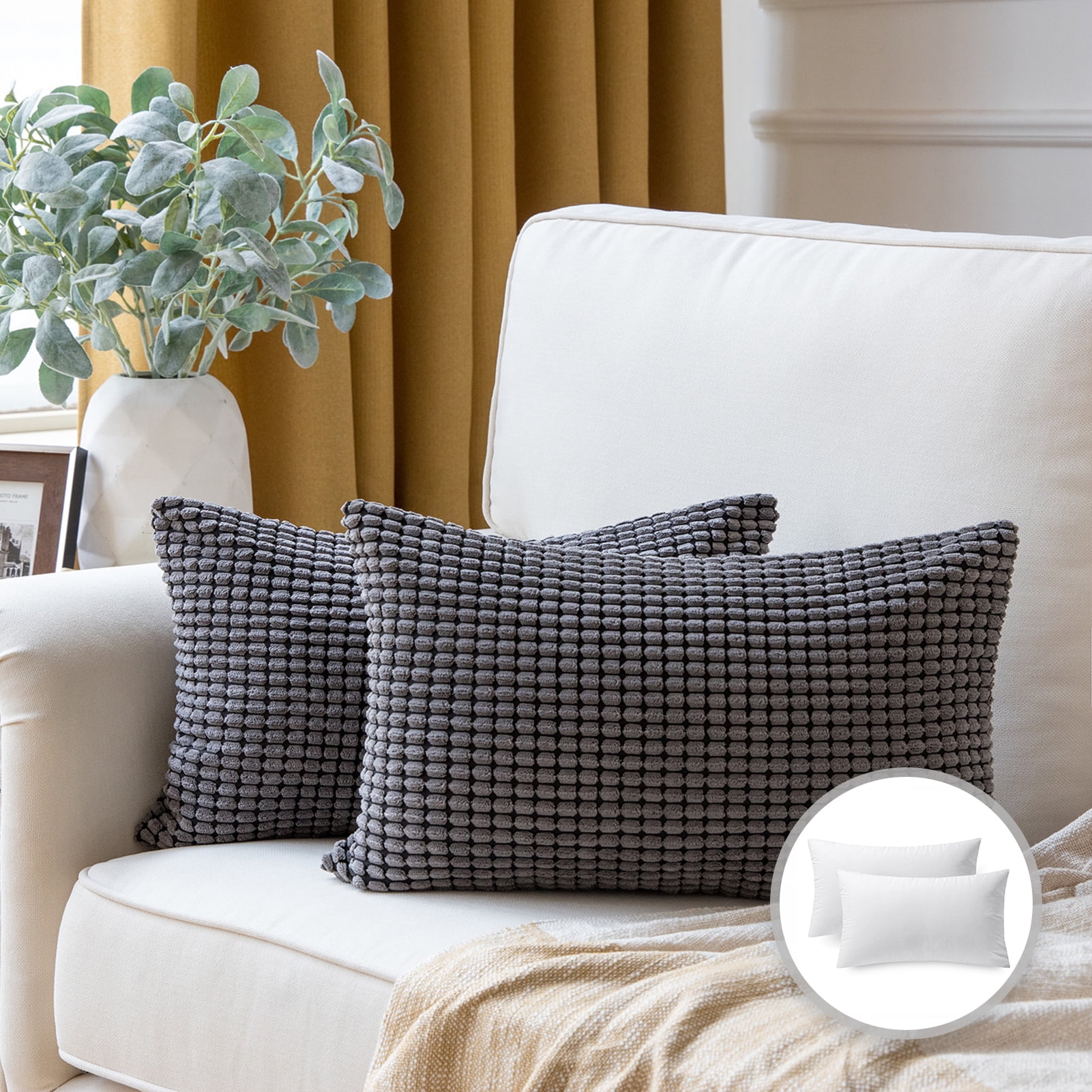 Decorative Throw Pillow Set, Linen Trimmed Farmhouse & Soft Corduroy Striped Velvet Series Bundle, for Sofa Couch Bedroom, Dark Gray & Off White, 18