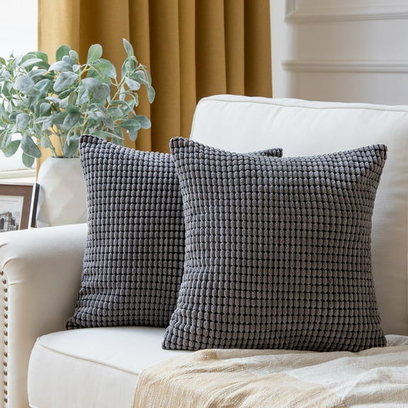 Phantoscope Soft Corduroy Corn Striped Velvet Series Decorative Throw Pillow Covers for Sofa Couch, 18" x 18", Dark Gray, 2 Pack