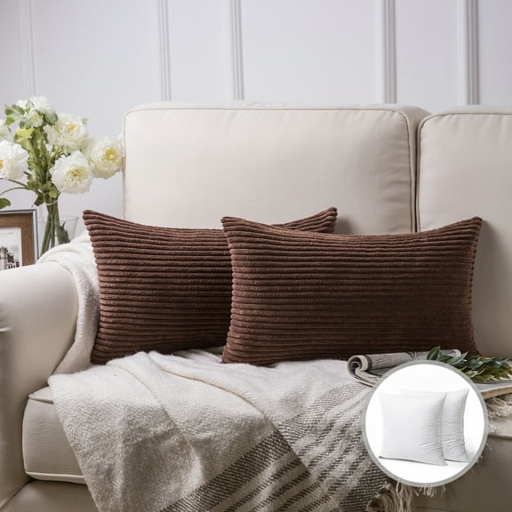 Phantoscope Soft Corduroy Striped Velvet Series Decorative Throw Pillow, 12" x 20", Brown, 2 Pack