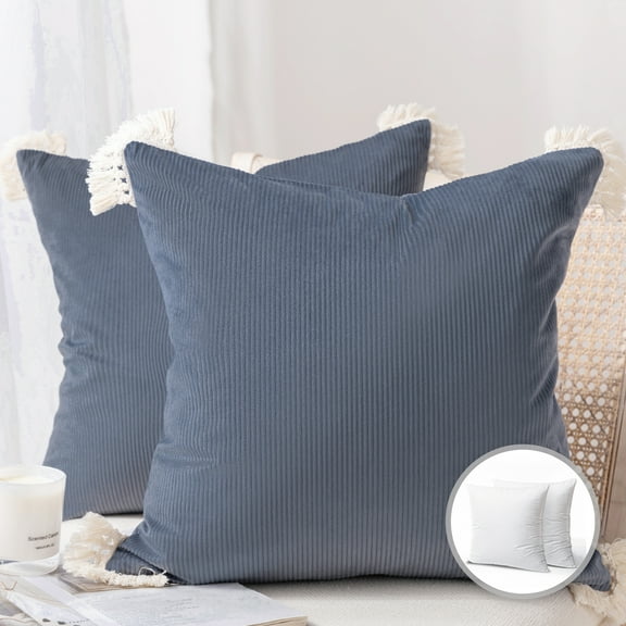 Phantoscope Soft Corduroy Velvet with Cotton Tassel Solid Square Throw Pillow Cusion with Insert Accent Decorative for Couch, 20" x 20", Light Gray, 2 Pack