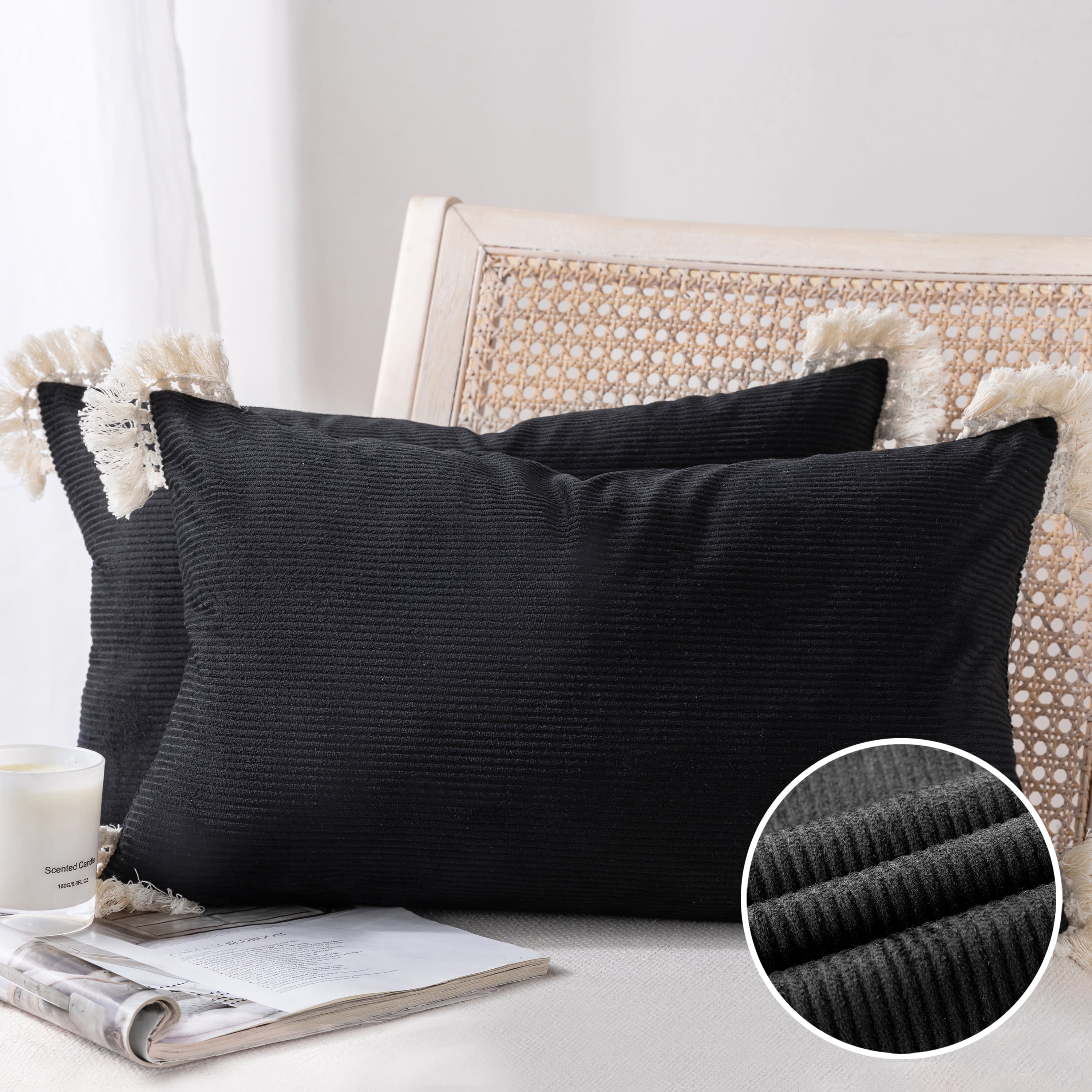 Phantoscope Soft Corduroy Velvet Decorative Throw Pillows with Cotton Tassel Trim, 12 x 20 in, Dark Gray, 2 Pack