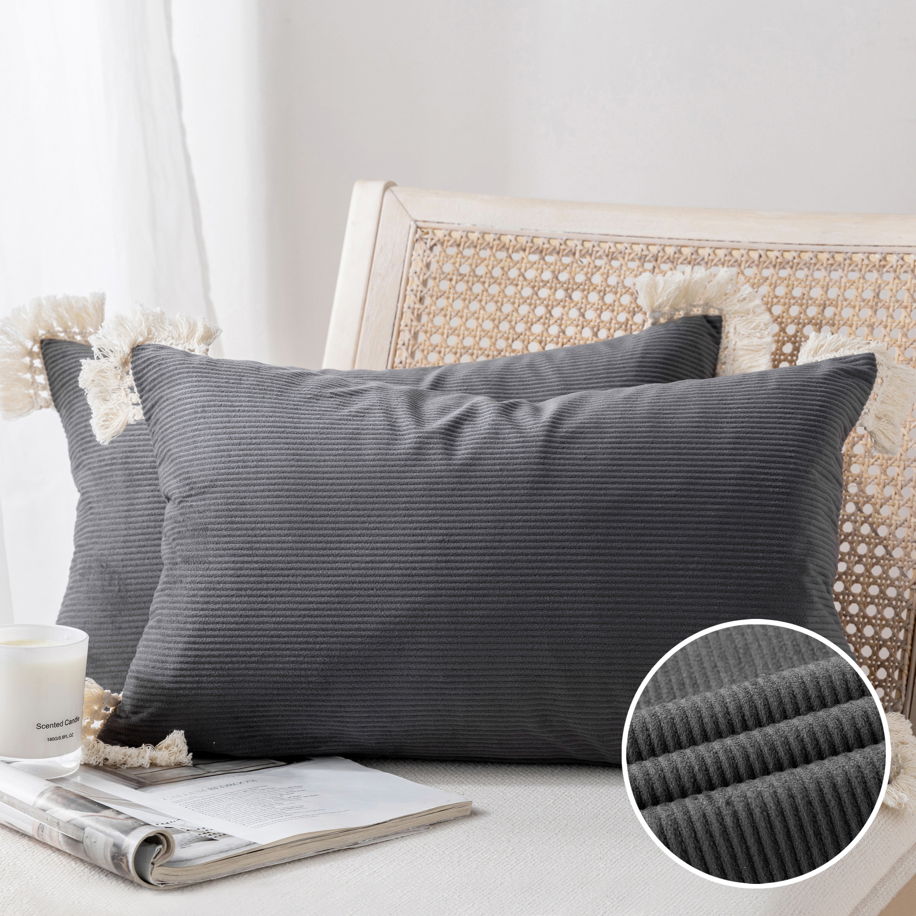 Phantoscope Soft Corduroy Velvet Decorative Throw Pillows with Cotton Tassel Trim, 12 x 20 in, Light Gray, 2 Pack
