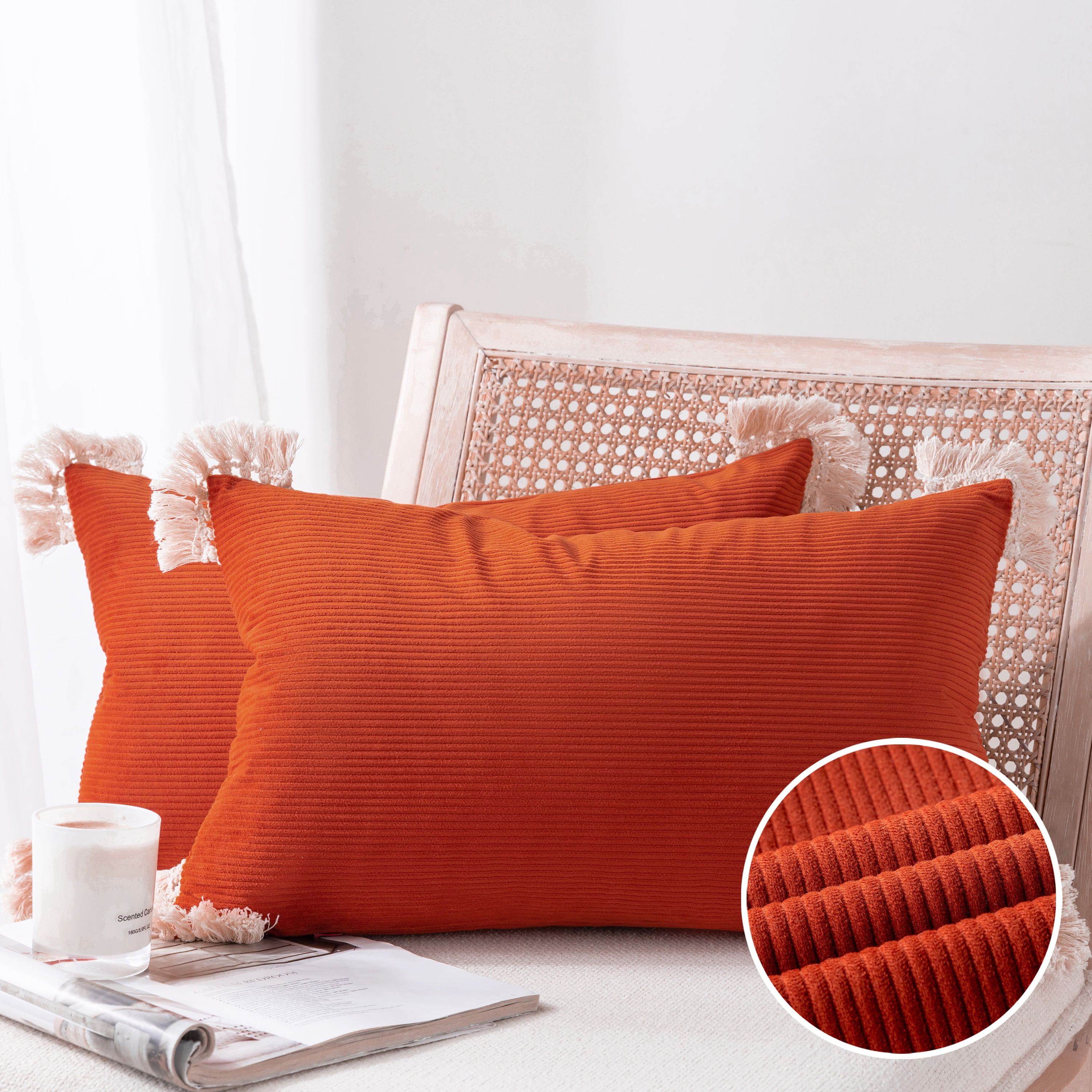 Phantoscope Soft Corduroy Velvet Decorative Throw Pillows with Cotton Tassel Trim, 12 x 20 in, Orange Red, 2 Pack