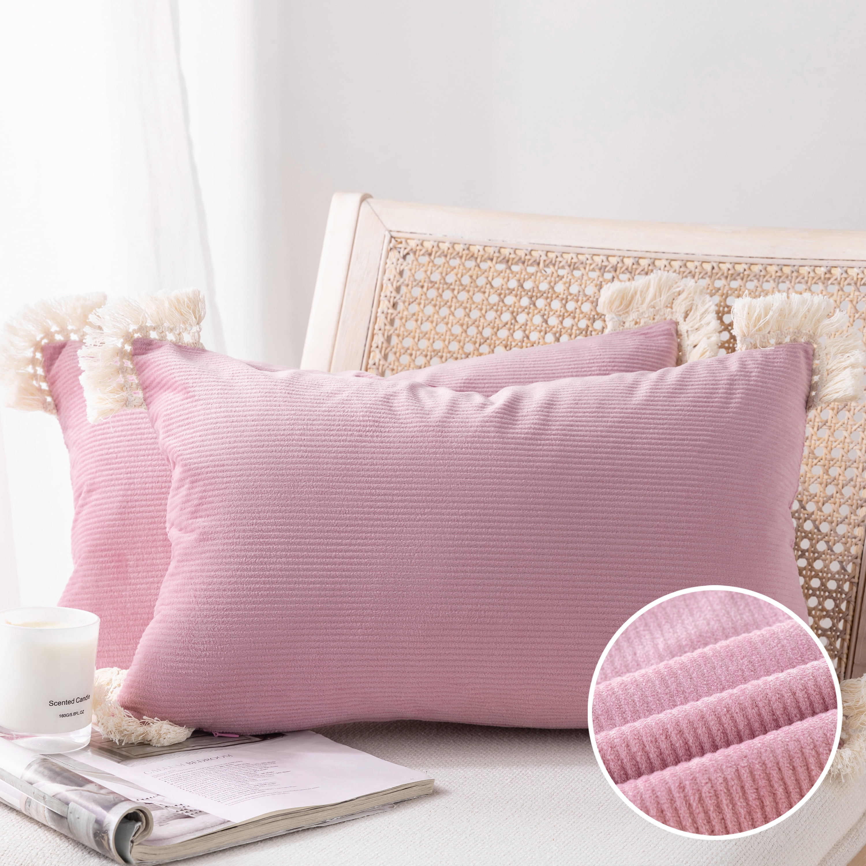Phantoscope Soft Corduroy Velvet Decorative Throw Pillows with Cotton Tassel Trim, 12 x 20 in, Pink, 2 Pack