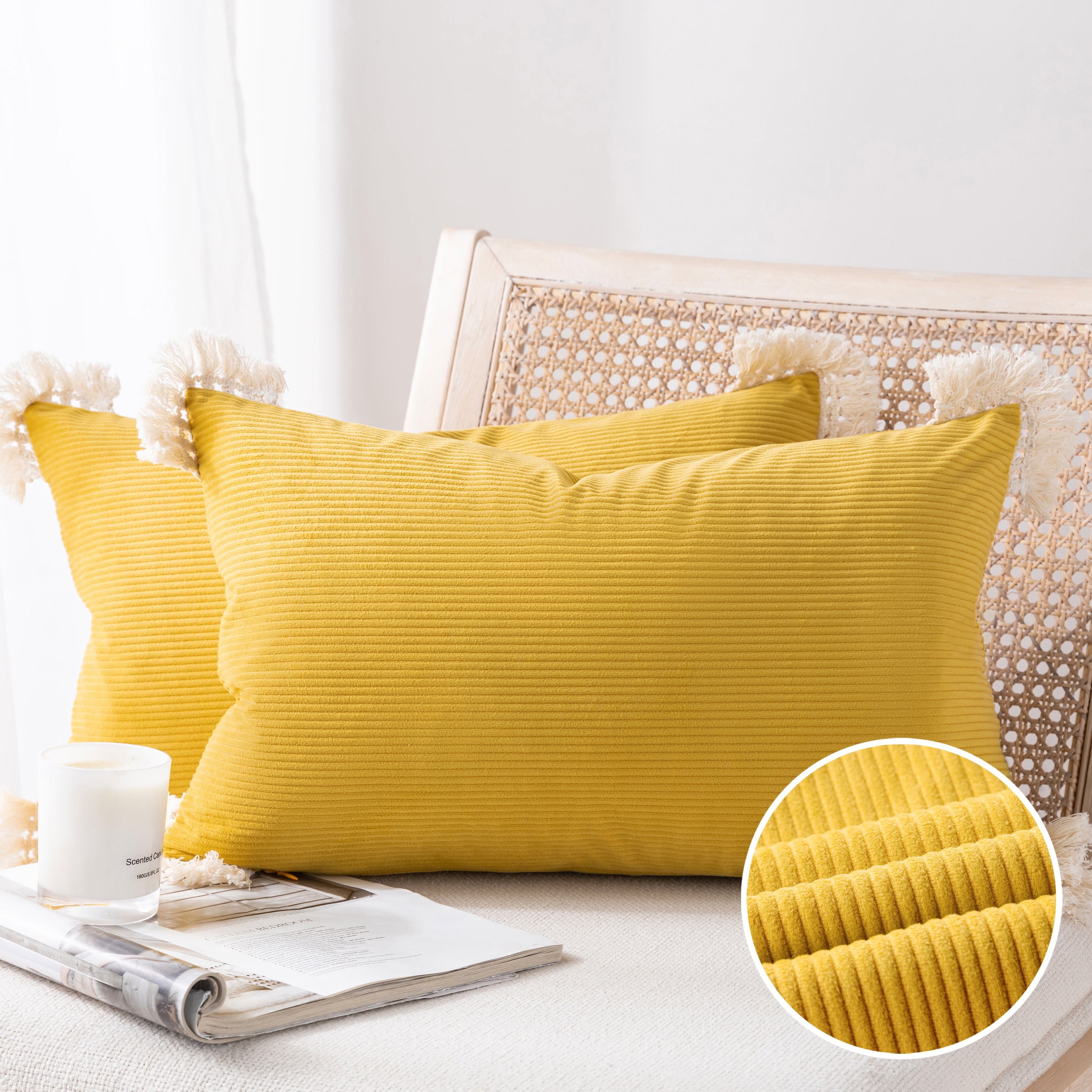 Phantoscope Soft Corduroy Velvet Decorative Throw Pillows with Cotton Tassel Trim, 12 x 20 in, Yellow, 2 Pack