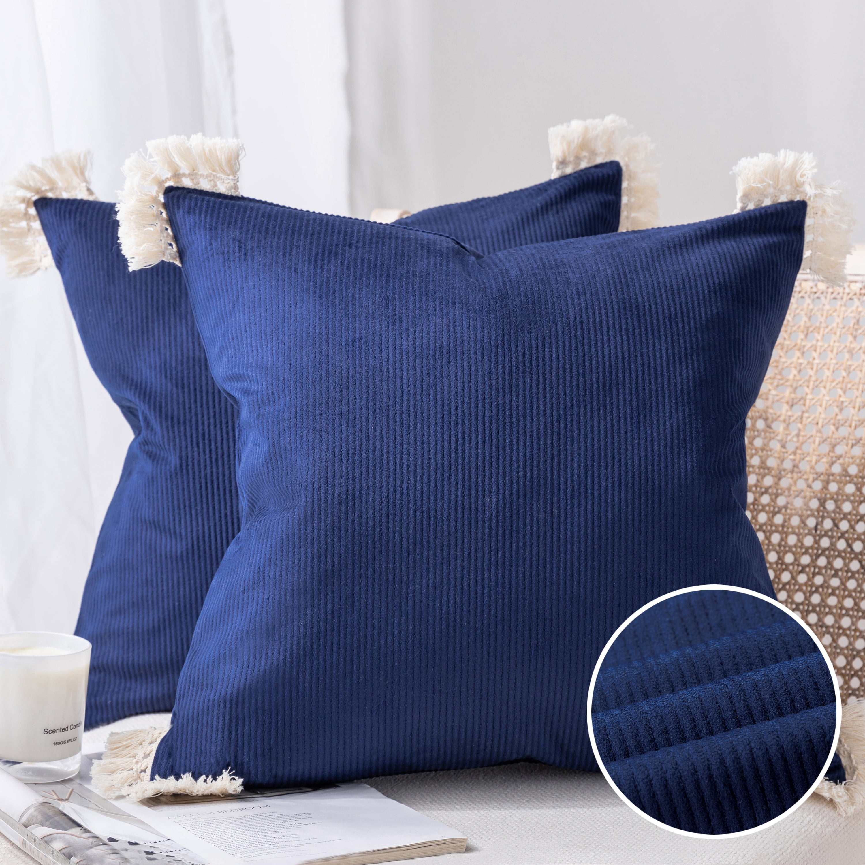 Phantoscope Soft Corduroy Velvet Decorative Throw Pillows with Cotton Tassel Trim, 18 x 18 in, Navy Blue, 2 Pack