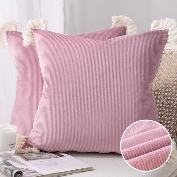 Phantoscope Soft Corduroy Velvet Decorative Throw Pillows with Cotton Tassel Trim, 18 x 18 in, Pink, 2 Pack