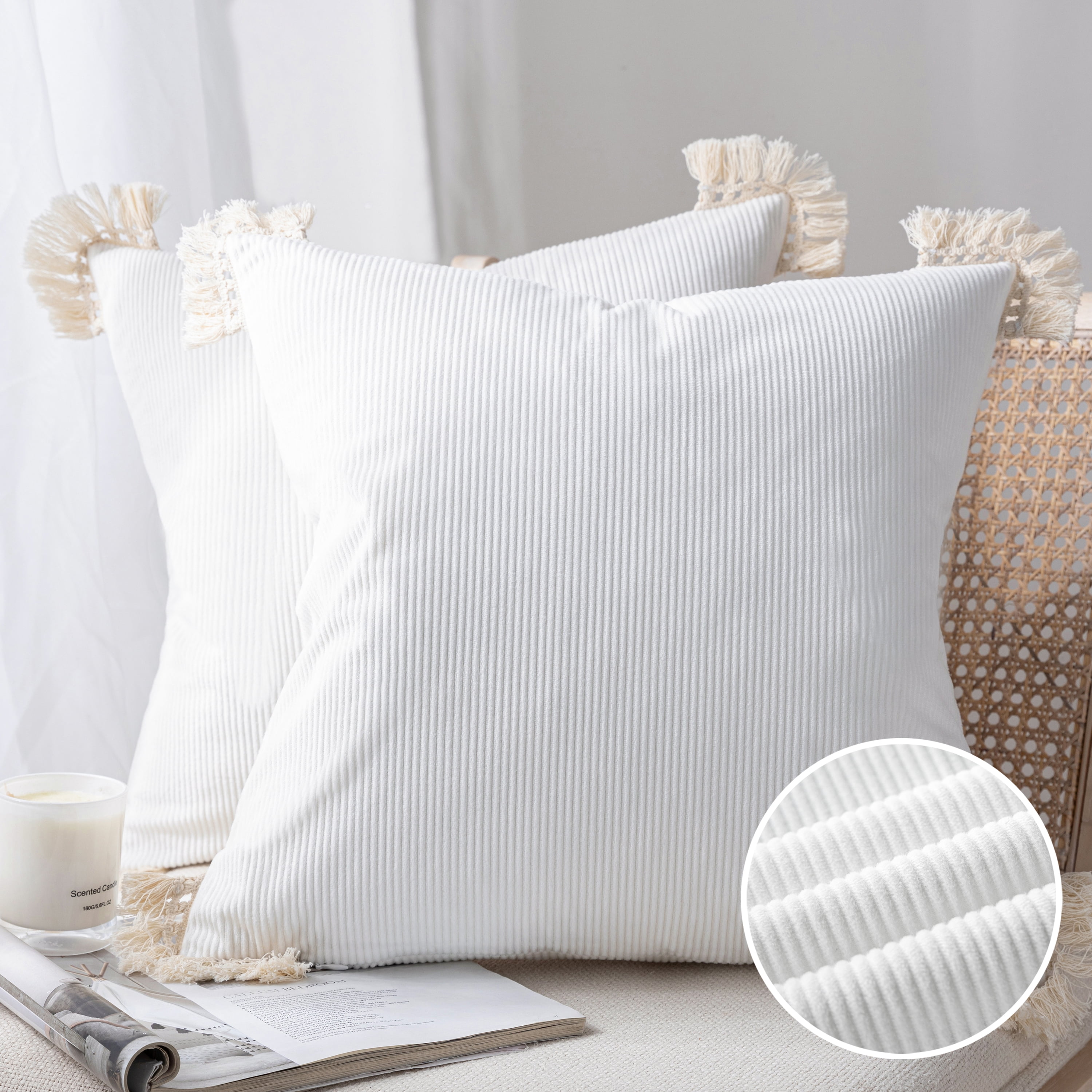 Phantoscope Soft Corduroy Velvet Decorative Throw Pillows with Cotton Tassel Trim, 18 x 18 in, Pure White, 2 Pack