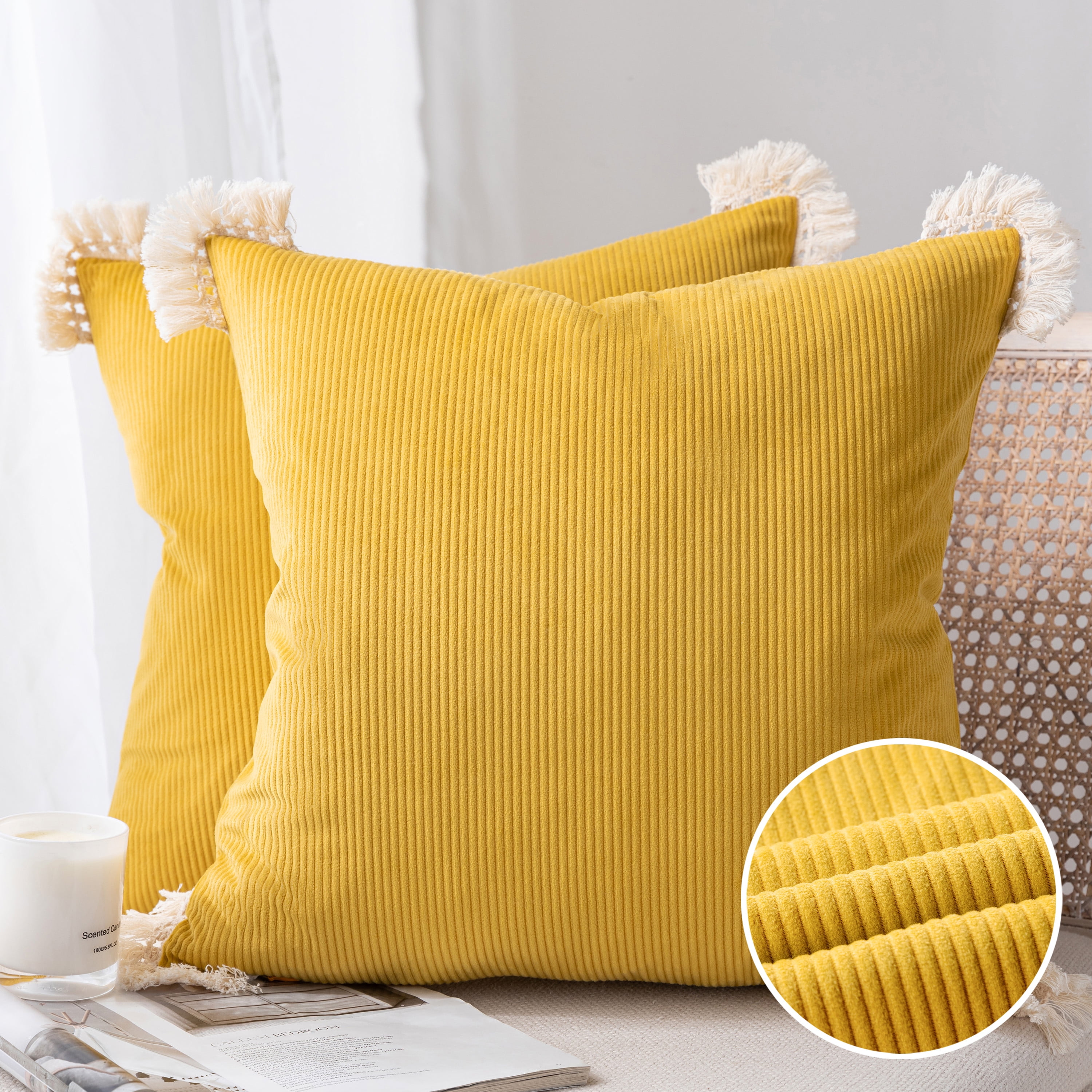 Phantoscope Soft Corduroy Velvet Decorative Throw Pillows with Cotton Tassel Trim, 18 x 18 in, Yellow, 2 Pack