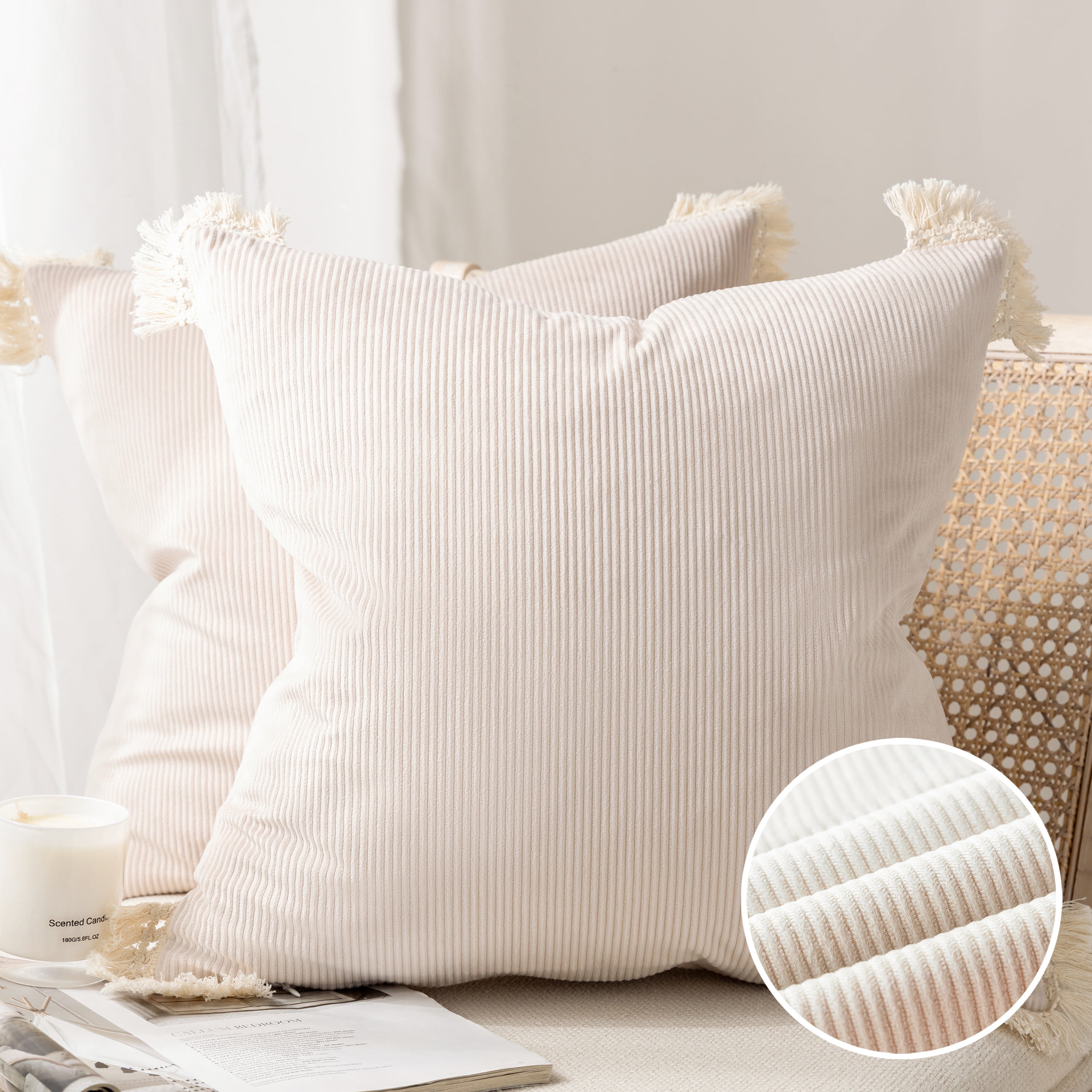 Phantoscope Soft Corduroy Velvet Decorative Throw Pillows with Cotton Tassel Trim, 20 x 20 in, Off White, 2 Pack