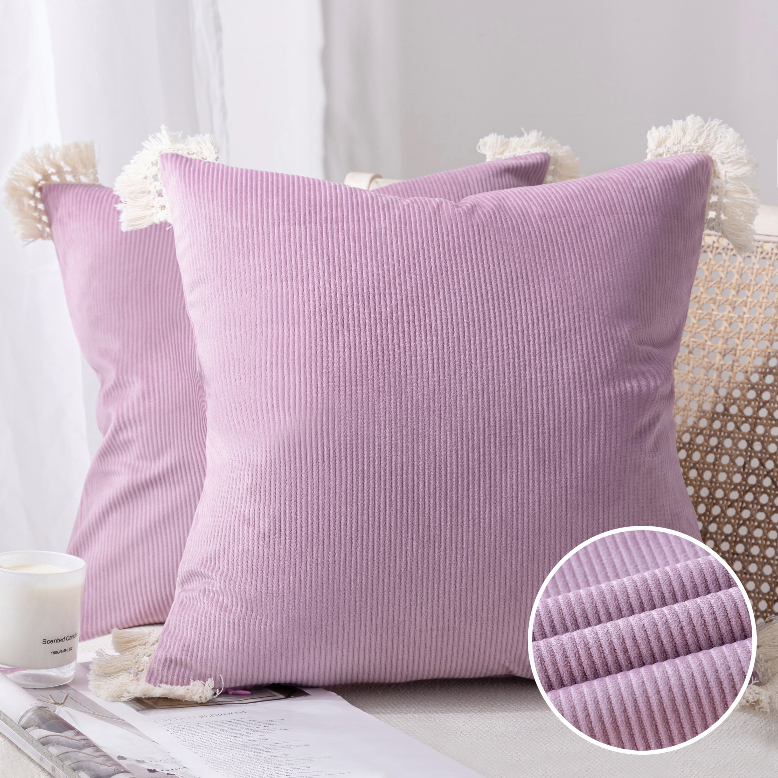 Phantoscope Soft Corduroy Velvet Decorative Throw Pillows with Cotton Tassel Trim, 20 x 20 in, Pink Purple, 2 Pack
