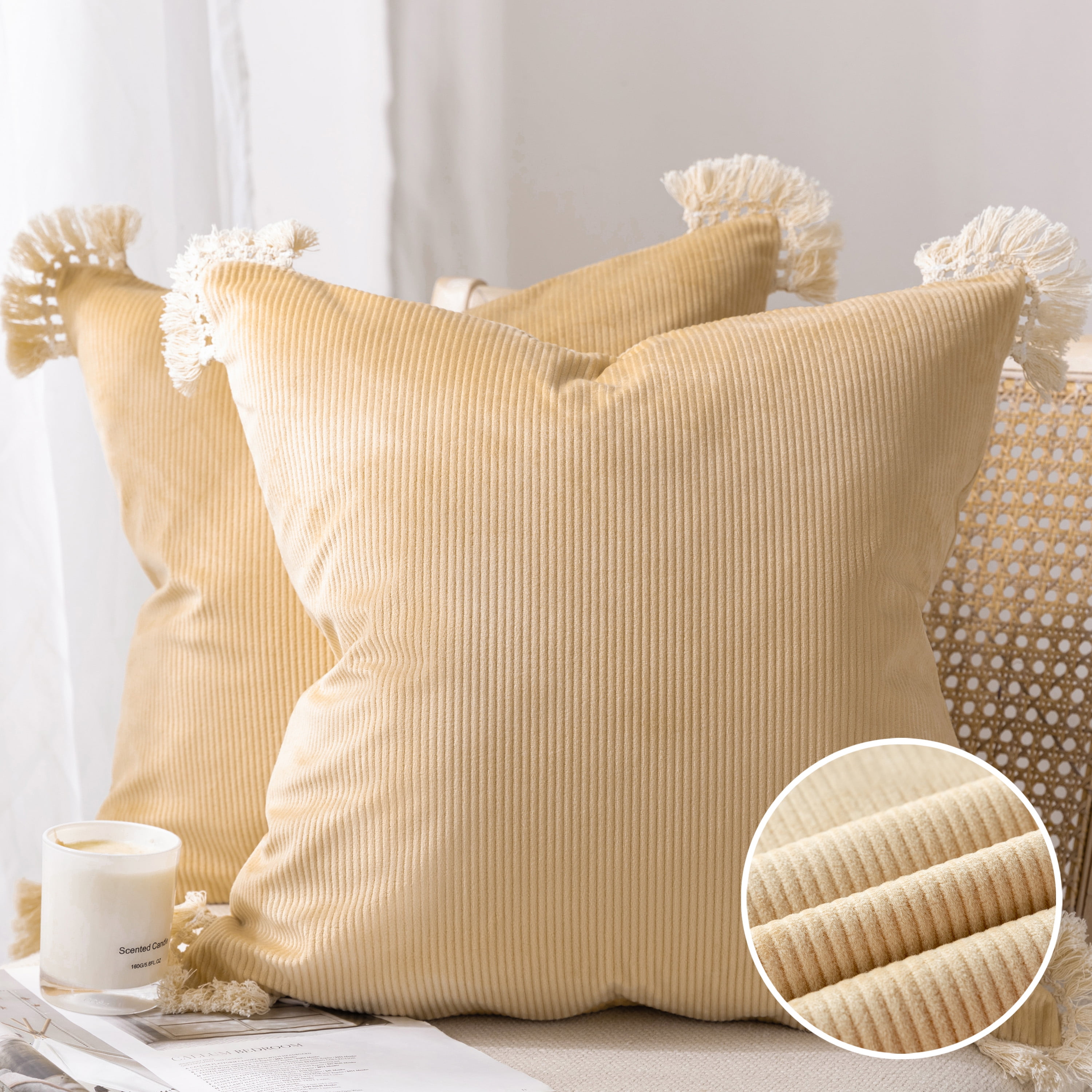 Phantoscope Boho Woven Tufted with Tassel Series Decorative Throw Pillow Cover, 12 inch x 20 inch, Cream White Stripe, 1 Pack