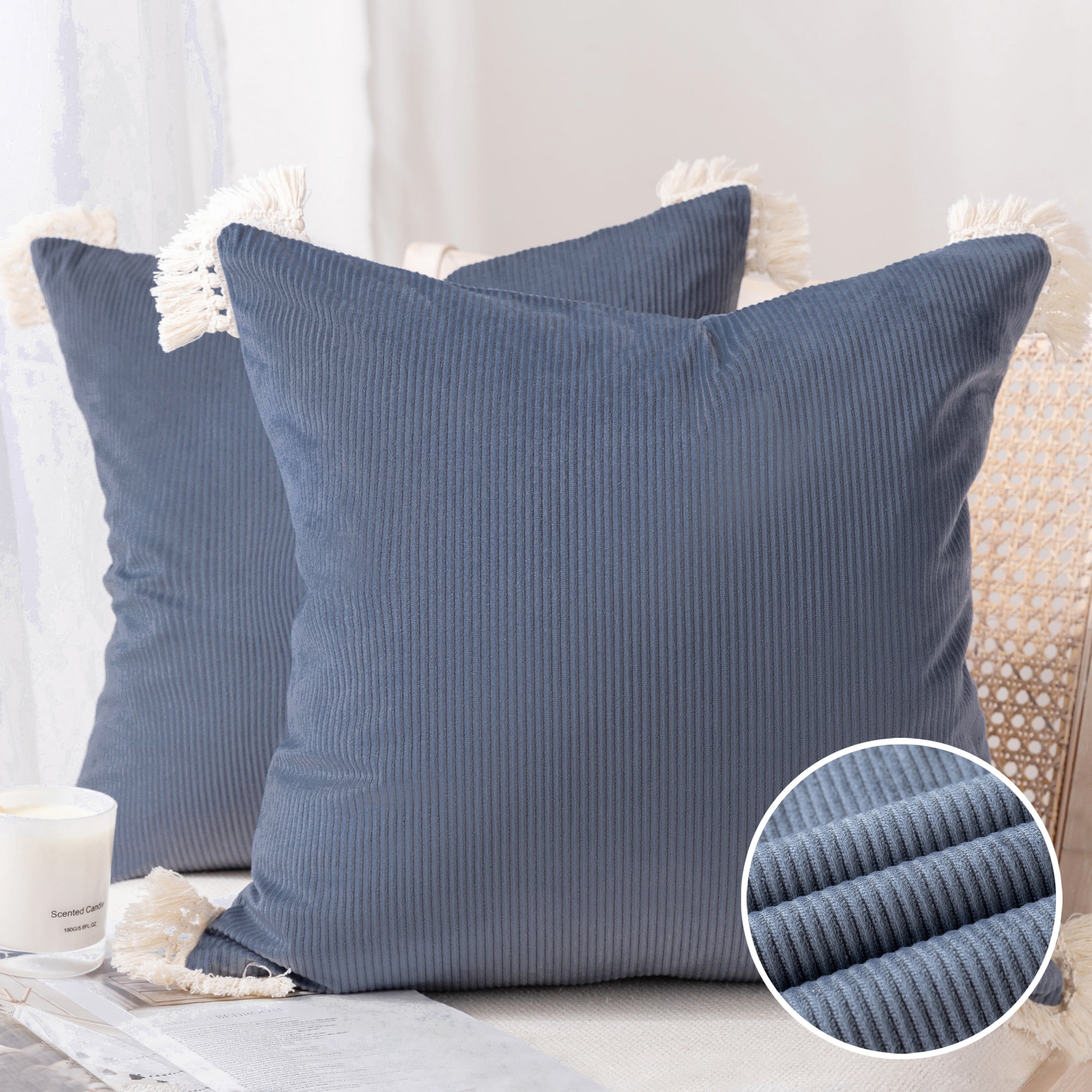 Phantoscope Soft Corduroy Velvet with Cotton Tassel Solid Square Cusion Accent Decorative Throw Pillow for Couch, 20" x 20", Light Gray, 2 Pack