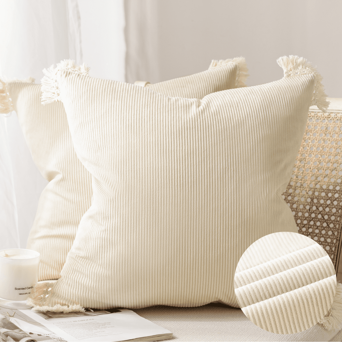 Phantoscope Soft Corduroy Velvet with Cotton Tassel Solid Square Cusion Accent Decorative Throw Pillow for Couch, 20" x 20", Off White, 2 Pack