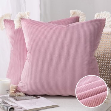 Phantoscope Soft Corduroy Velvet with Cotton Tassel Solid Square Throw Pillow Cusion Cover Accent Decorative for Couch, 18" x 18", Pink, 2 Pack