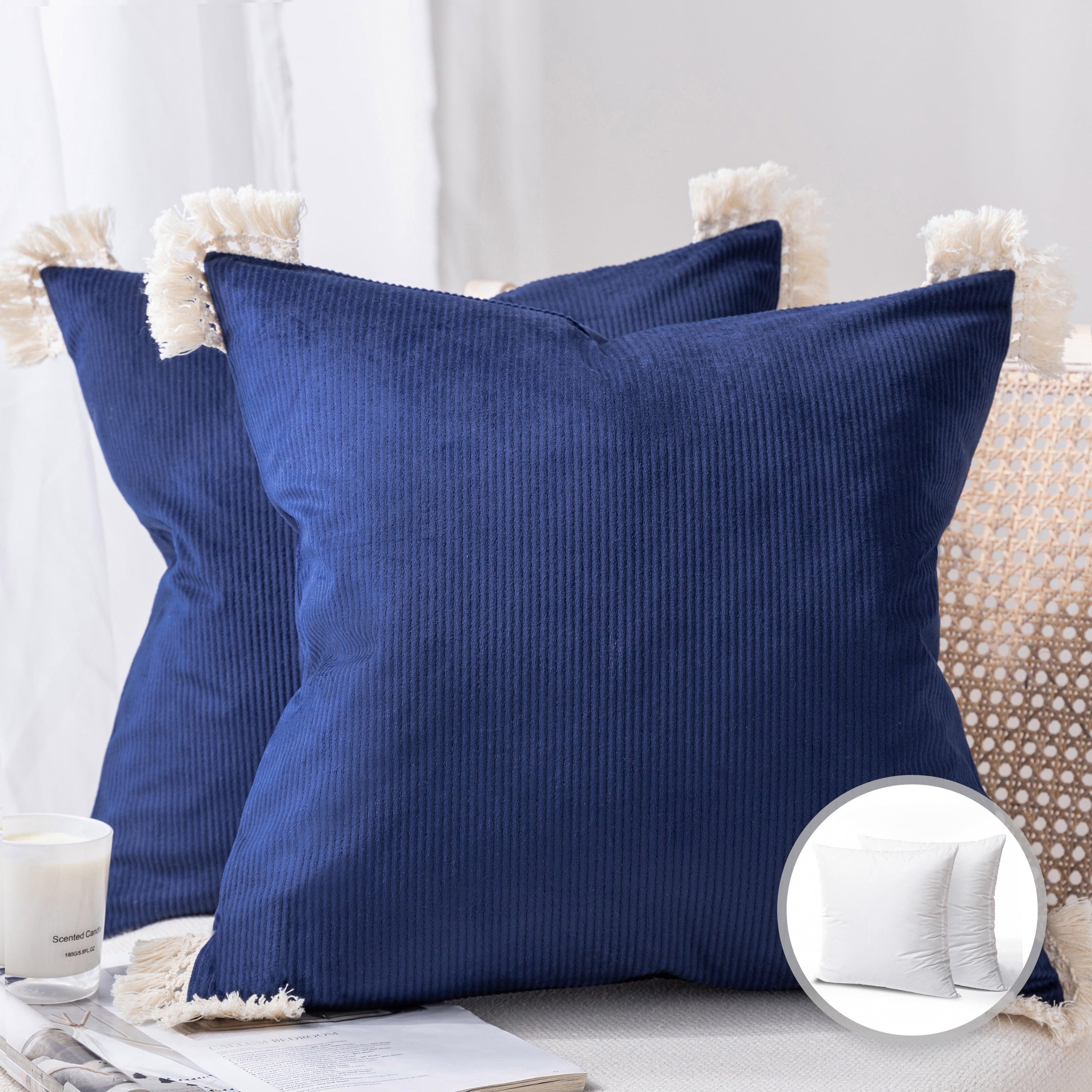 Phantoscope Soft Corduroy Velvet with Cotton Tassel Solid Square Throw Pillow Cusion with Insert Accent Decorative for Couch, 20" x 20", Navy, 2 Pack
