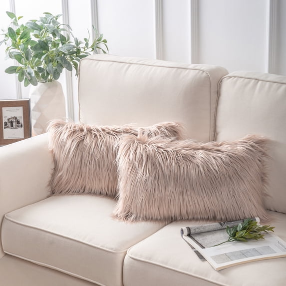 Phantoscope Soft Fluffy Faux Fur Rectangle Cusion Decorative Throw Pillow Cover, 12" x 20", Beige, 2 Pack