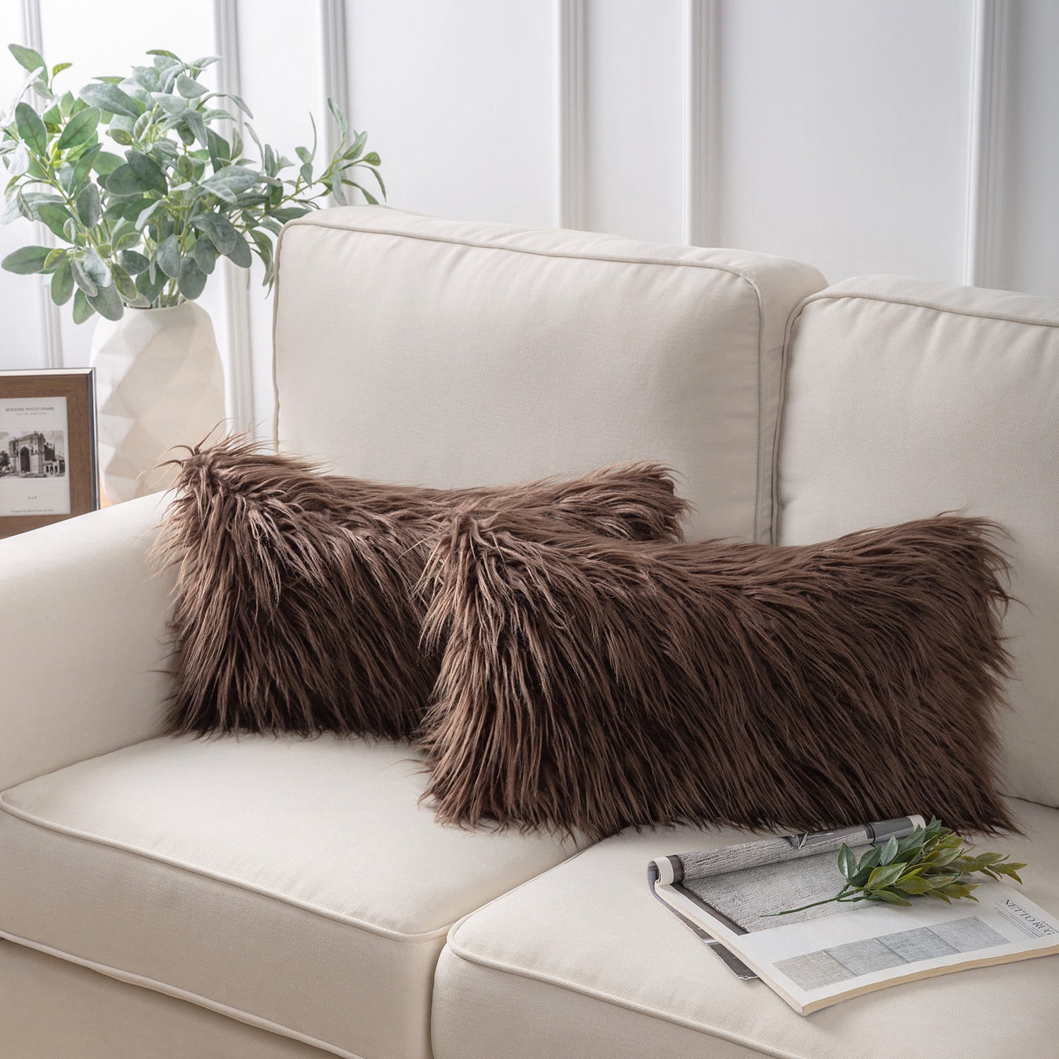 Phantoscope Soft Fluffy Faux Fur Rectangle Cushion Decorative Throw Pillow Cover, 12" x 20", Dark Brown, 2 Pack
