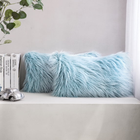 Phantoscope Soft Fluffy Faux Fur Rectangle Cusion Decorative Throw Pillow Cover, 12" x 20", Light Blue, 2 Pack