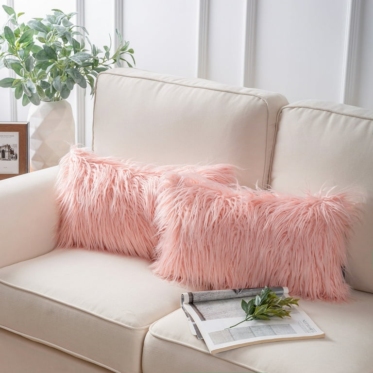 Phantoscope Soft Fluffy Faux Fur Rectangle Cushion Decorative Throw Pillow Cover 12 inch x 20 inch Pink 2 Pack