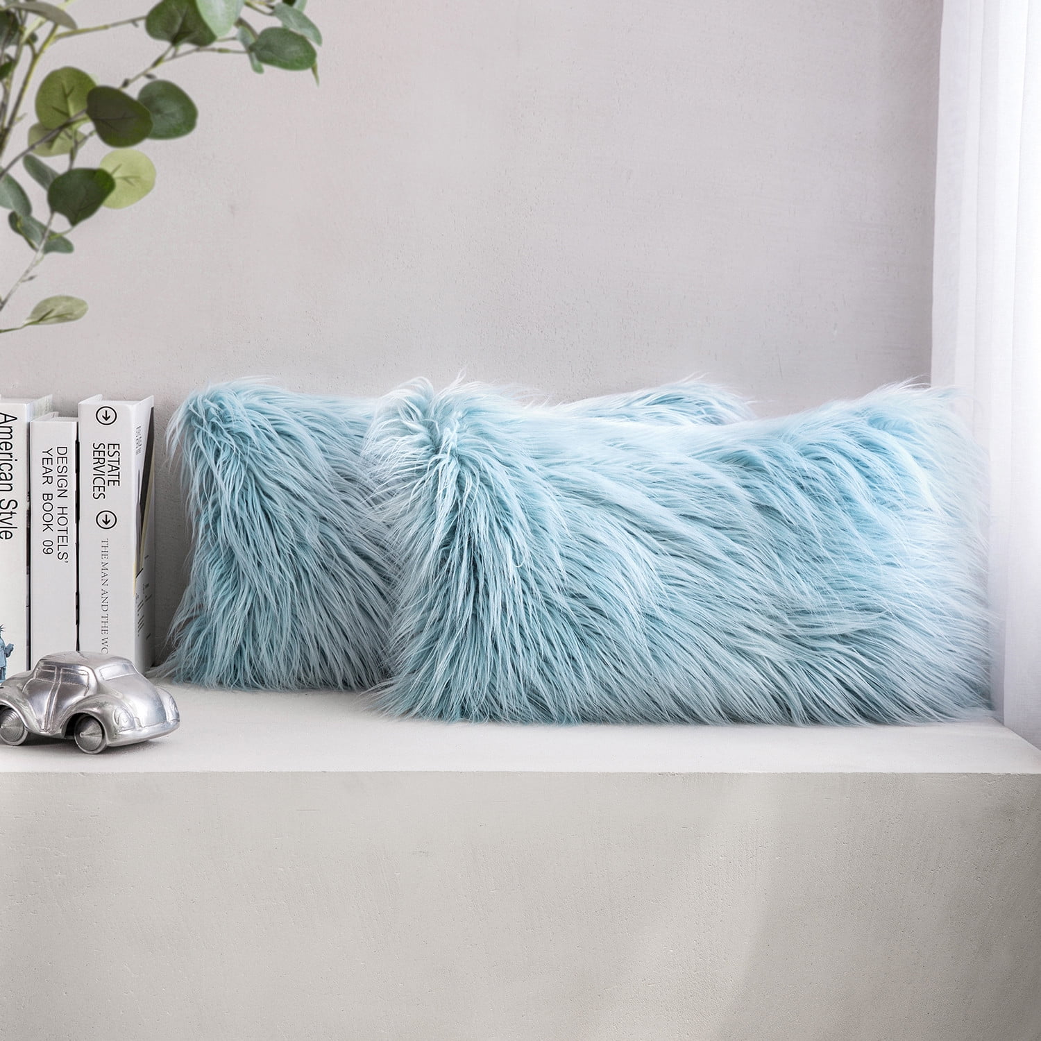 Light blue faux fur pillow sale