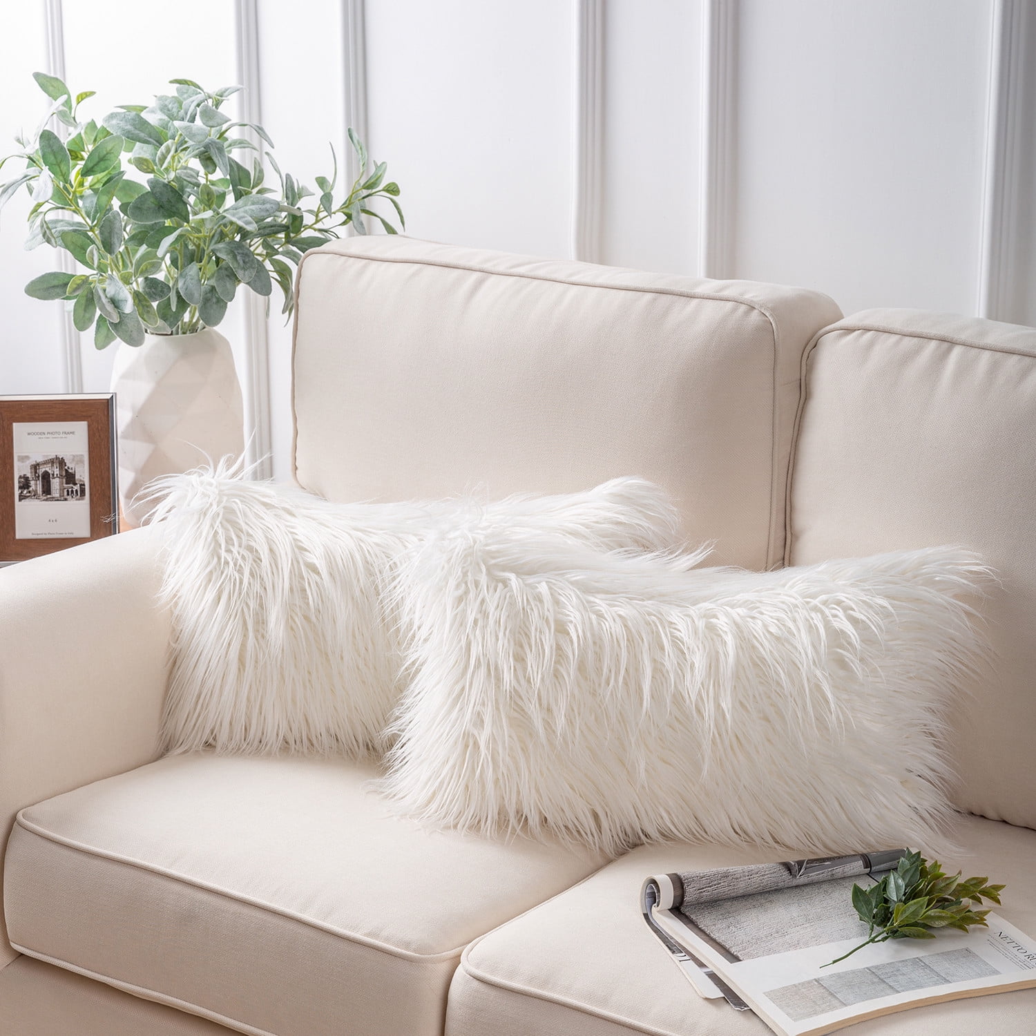 Phantoscope Soft Fluffy Faux Fur Rectangle Cusion Decorative Throw Pillow Cover with Insert Filled, 12" x 20", Off White, 2 Pack
