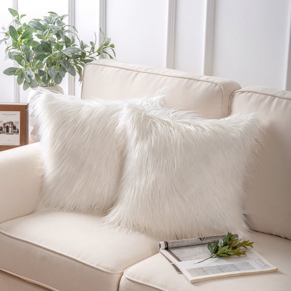 Holiday Deal Selection Phantoscope Plush Faux Fur Decorative Throw Pillow Cover, 22" x 22", Off-white, 2 Pack