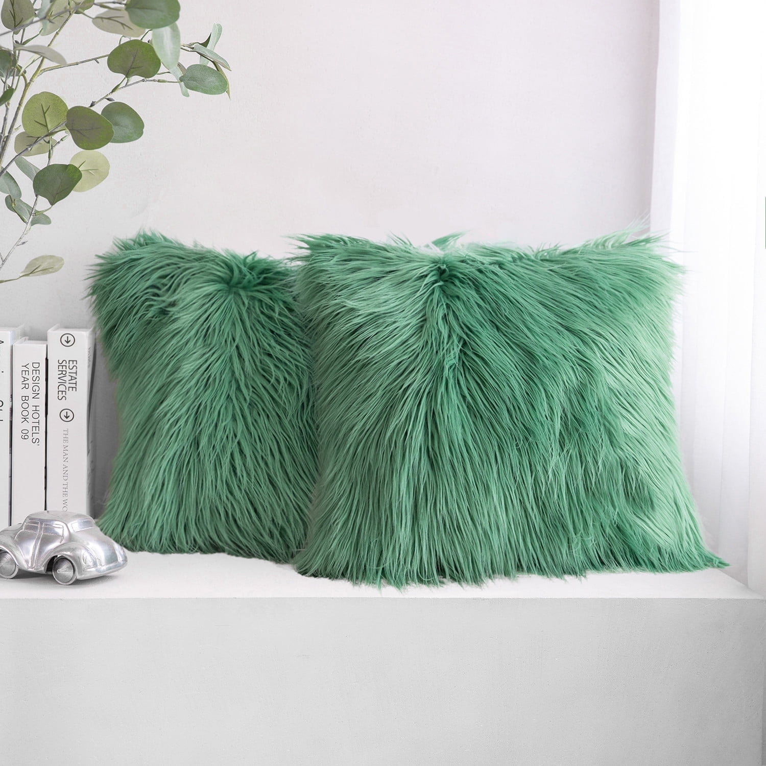 Phantoscope Faux Fur Series Decorative Throw Pillow Cover of Plush, Cusion for Sofa Couch, 22" x 22", Green, 2 Pack