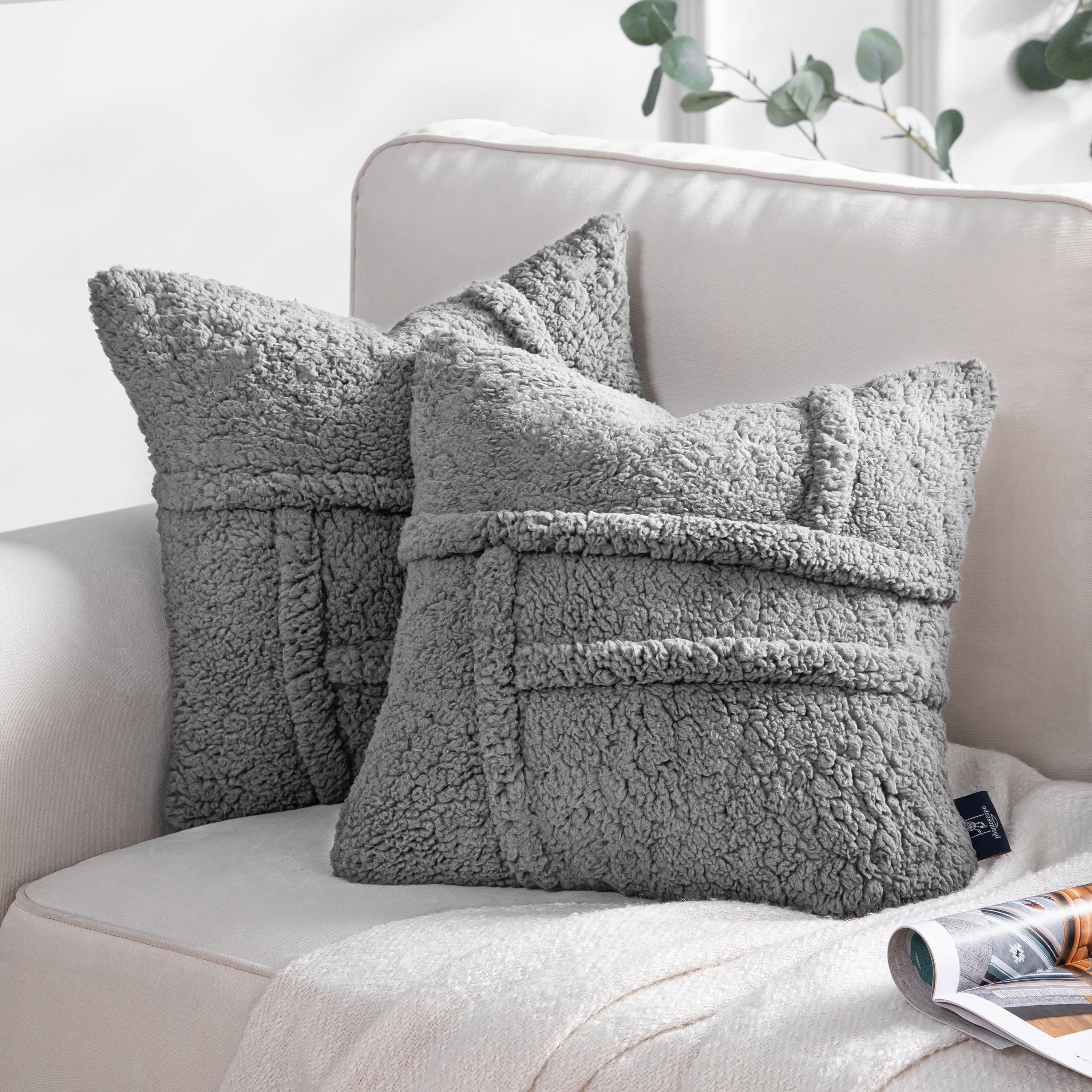 Phantoscope Soft Fluffy Sherpa series Throw Pillow Cover Faux Fur Decorative Cushion, Light Gray, 20 x 20 Inches, 2 Pack