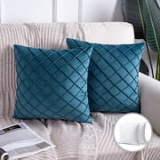 Phantoscope Pleated Velvet Pillow Covers, 18x18 Inch Set of 2, Square Decorative Throw Pillow Cases for Couch & Bed, Luxury Soft Cushion Covers, Lake Blue