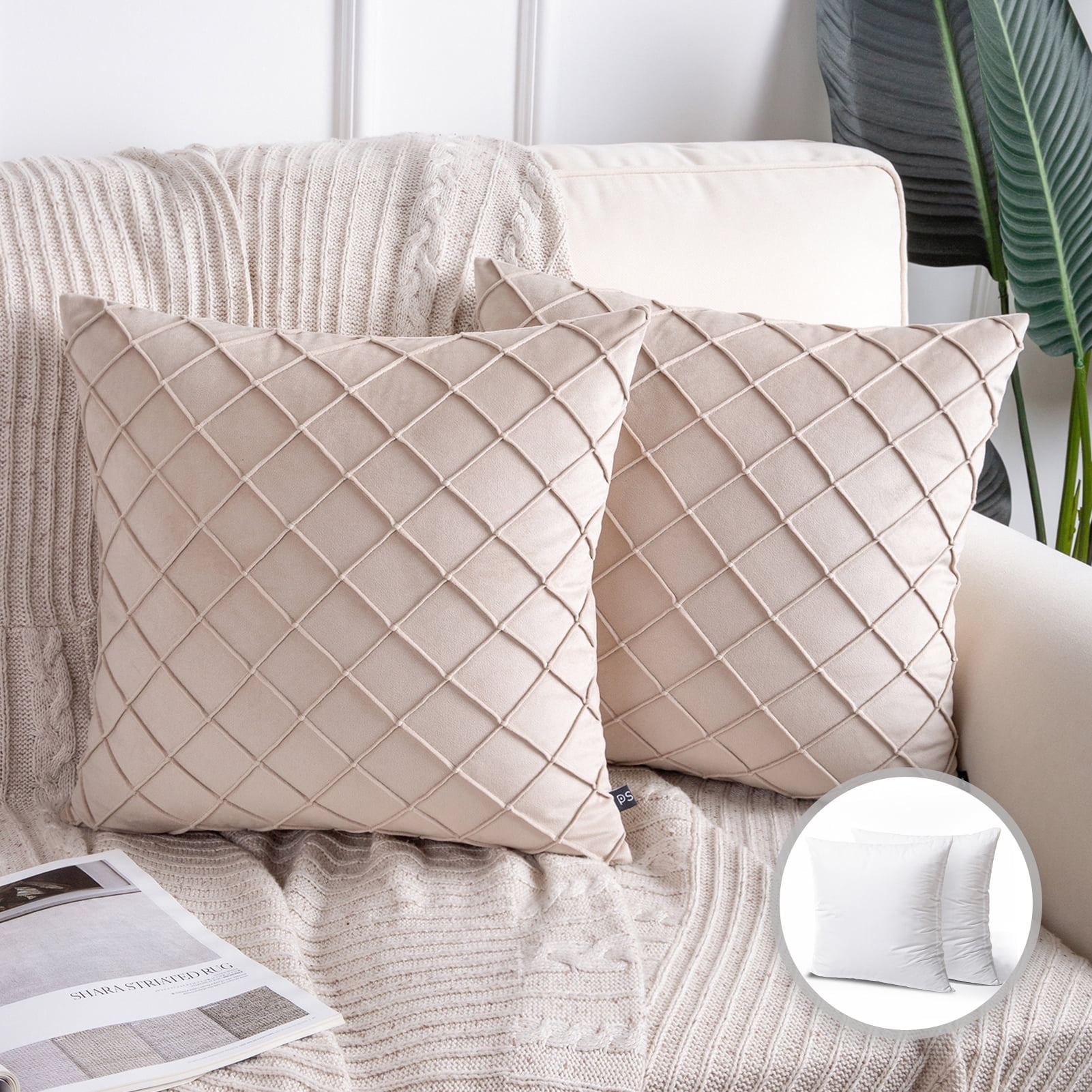 Phantoscope Pleated Velvet Pillow Covers, 18x18 Inch Set of 2, Square Decorative Throw Pillow Cases for Couch & Bed, Luxury Soft Cushion Covers, Beige