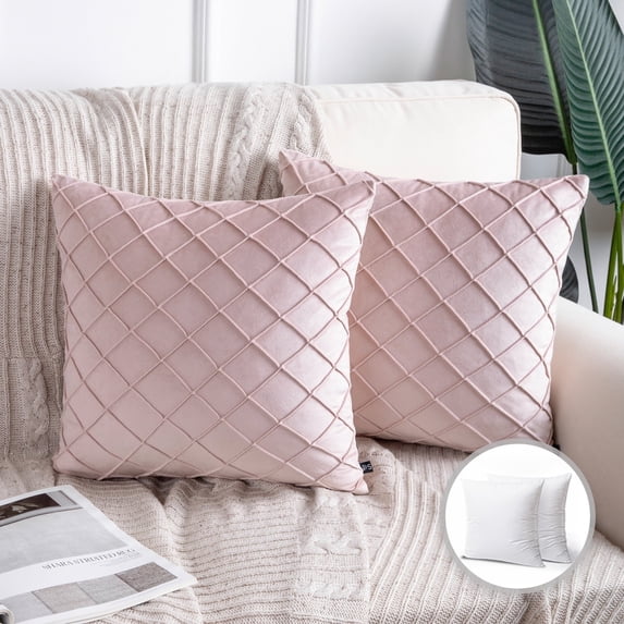 Phantoscope Pleated Velvet Pillow Covers, 18x18 Inch Set of 2, Square Decorative Throw Pillow Cases for Couch & Bed, Luxury Soft Cushion Covers, Light Pink
