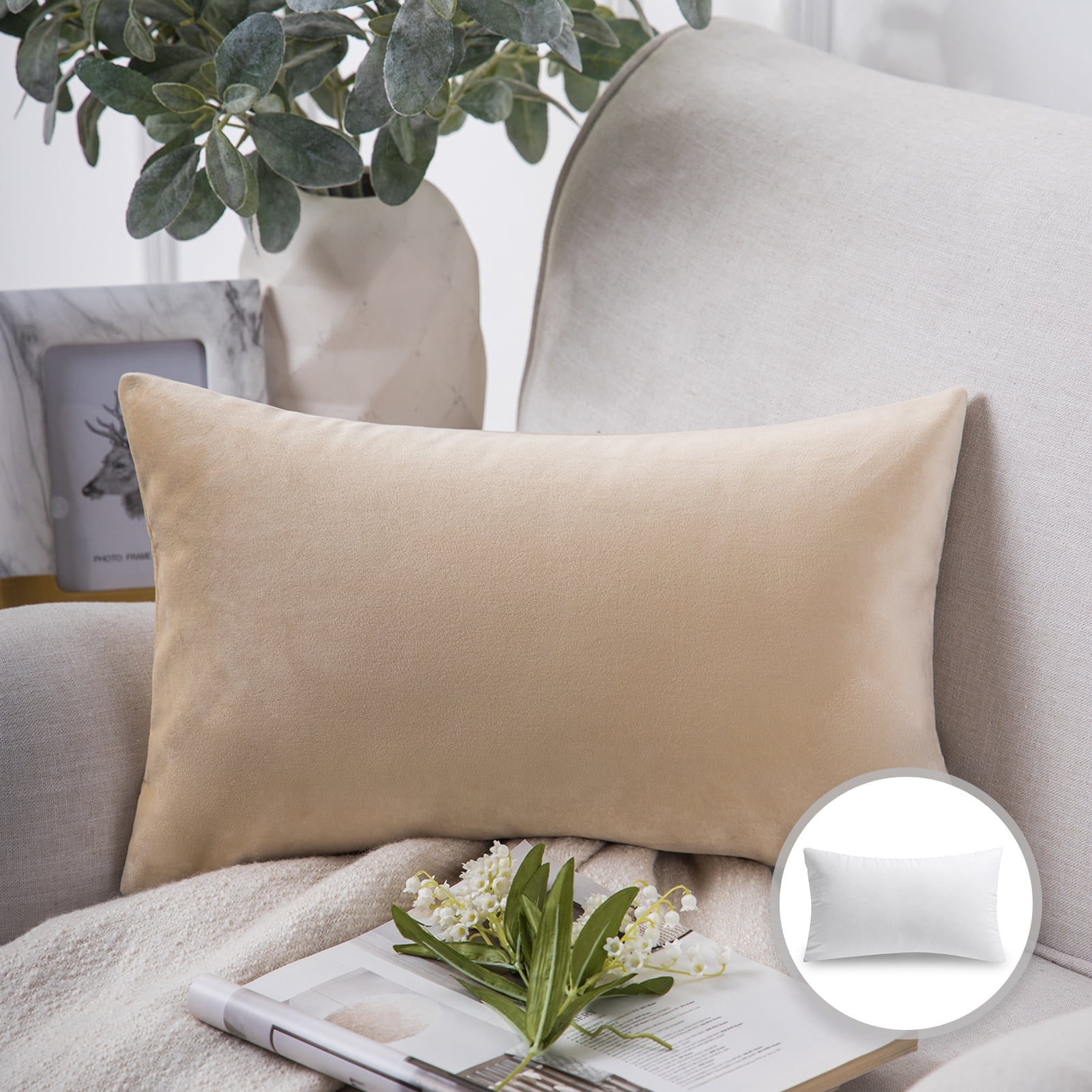 Phantoscope Soft Silky Velvet Series Decorative Throw Pillow, 12" x 20", Beige, 1 Pack