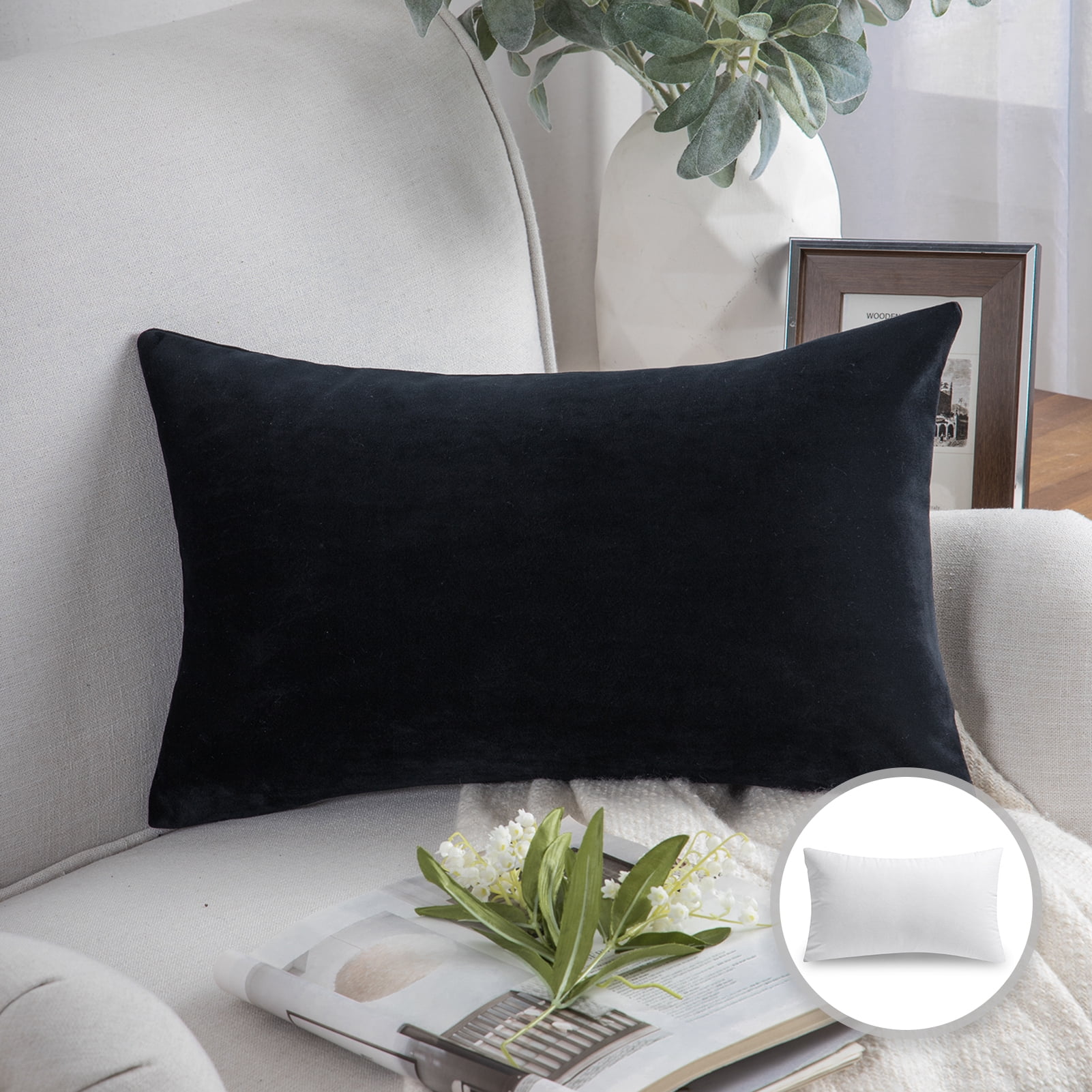 Phantoscope Soft Silky Velvet Series Decorative Throw Pillow, 12" x 20", Black, 1 Pack