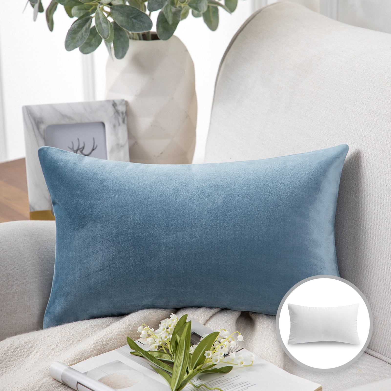 Phantoscope Soft Silky Velvet Series Square Decorative Throw Pillow Cusion for Couch, 12" x 20", Blue, 1 Pack