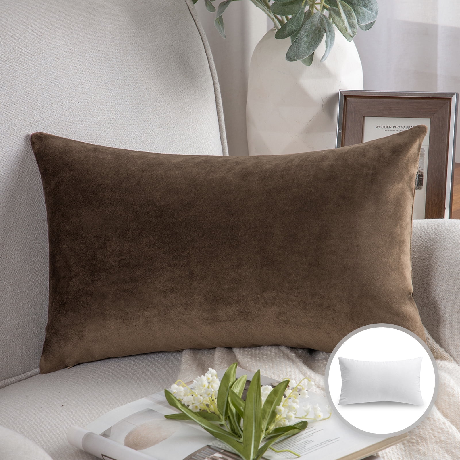 Phantoscope Soft Silky Velvet Series Decorative Throw Pillow, 12" x 20", Dark Coffee, 1 Pack
