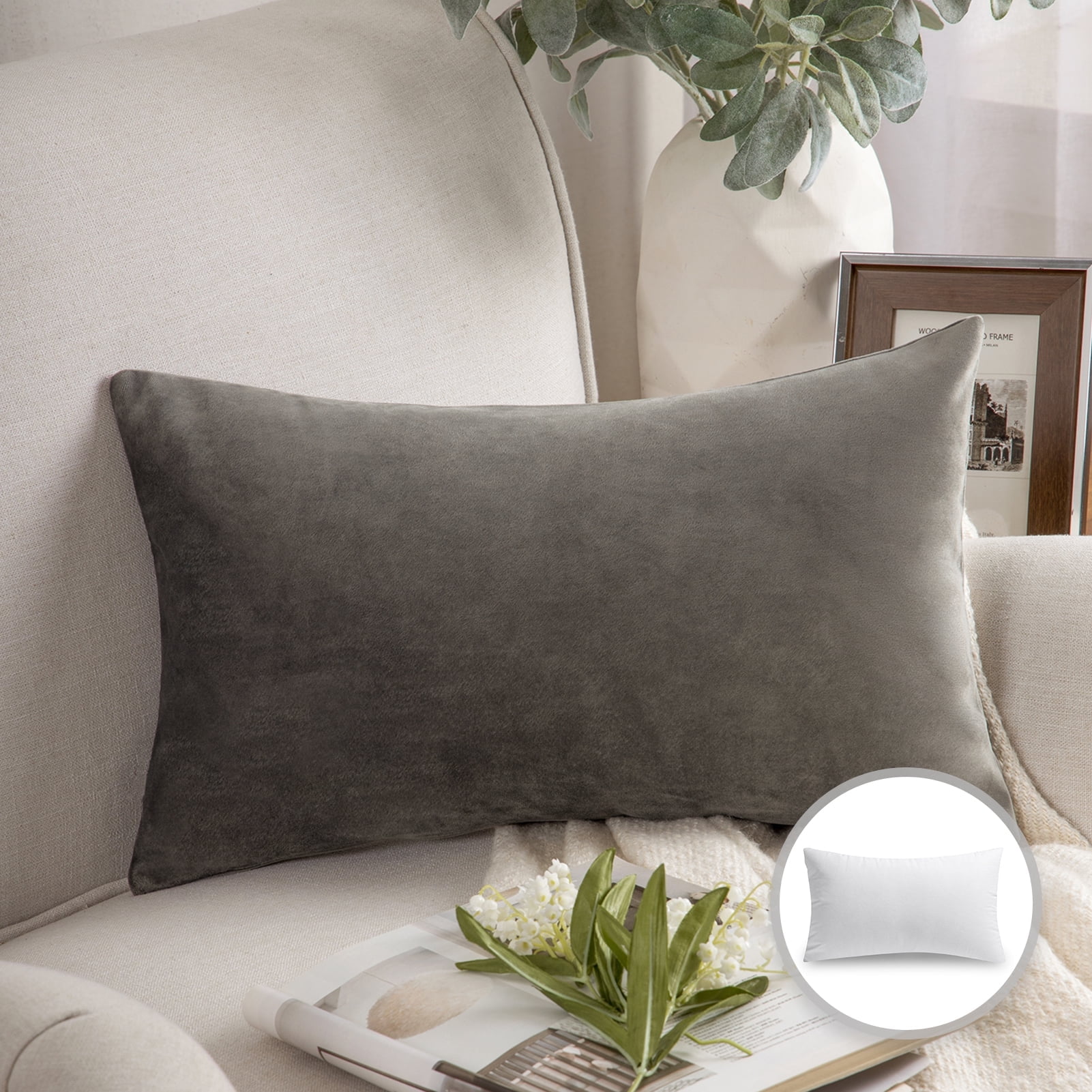 Phantoscope Soft Silky Velvet Series Decorative Throw Pillow, 12" x 20", Dark Gray, 1 Pack