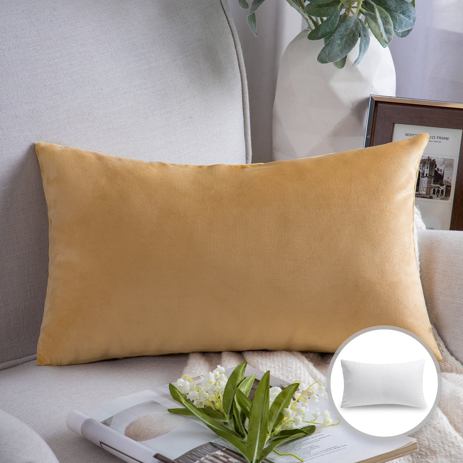 Phantoscope Soft Silky Velvet Series Decorative Throw Pillow, 12" x 20", Light Brown, 1 Pack