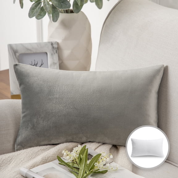 Phantoscope Soft Silky Velvet Series Decorative Throw Pillow, 12" x 20", Light Gray, 1 Pack
