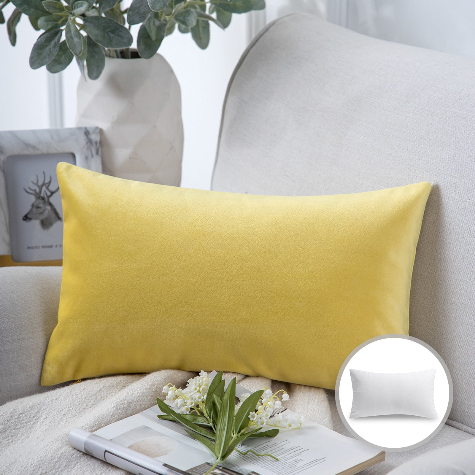 Phantoscope Soft Silky Velvet Series Decorative Throw Pillow, 12" x 20", Yellow, 1 Pack