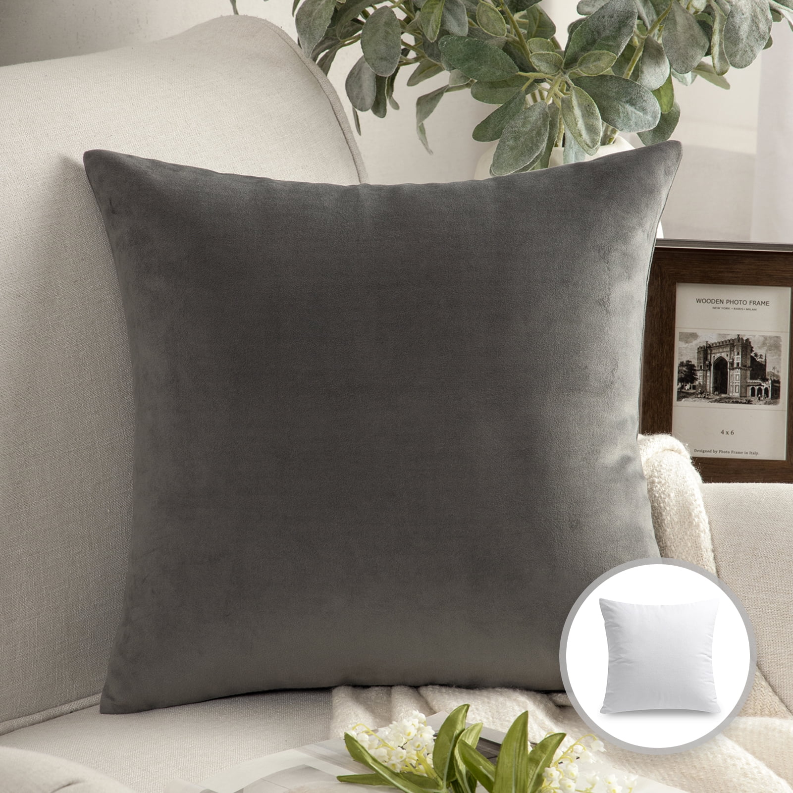 Phantoscope Soft Silky Velvet Series Decorative Throw Pillow, 18" x 18", Dark Gray, 1 Pack