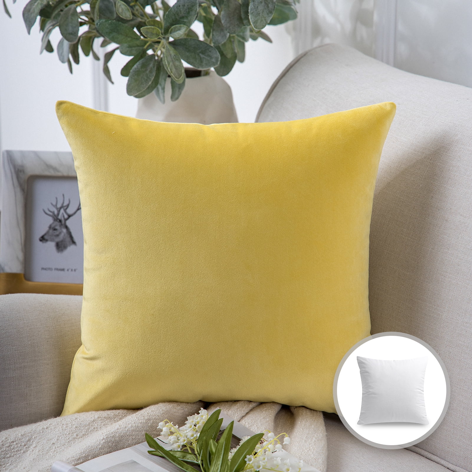 Phantoscope Soft Silky Velvet Series Square Decorative Throw Pillow Cusion for Couch, 18" x 18", Yellow, 1 Pack